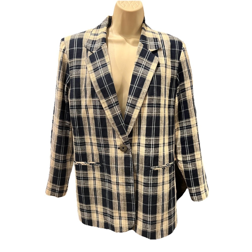 Requirements Women  Size 10 Plaid Linen Blue Blazer Jacket Single Button Vintage